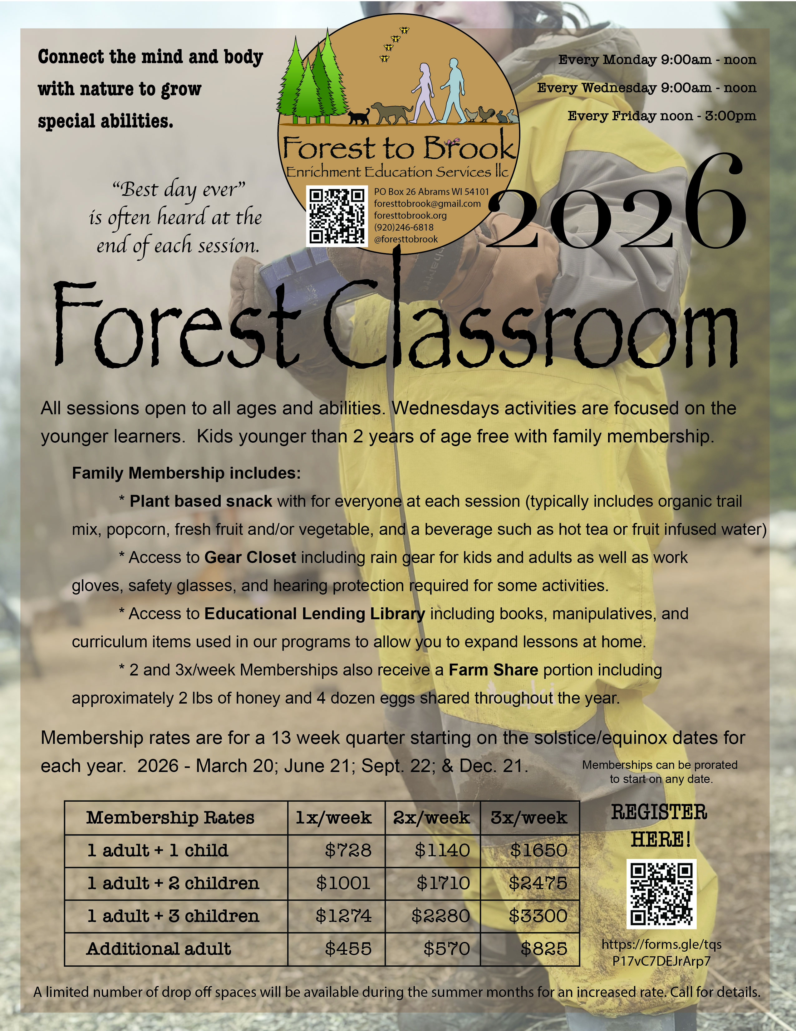 This image shows additional information about the Forest Classroom rates and what's included.  Call (920)246-6818 for a complete description.